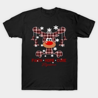 Myeloma Awareness Reindeer Christmas Leopaid Burgundy Ribbon In This Family No One Fights Alone T-Shirt